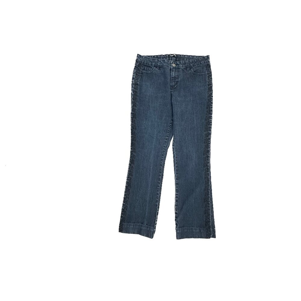 Roz&Ali Bootcut Embroidered Stripe Women's size 12P Dark Wash Blue Denim Jeans